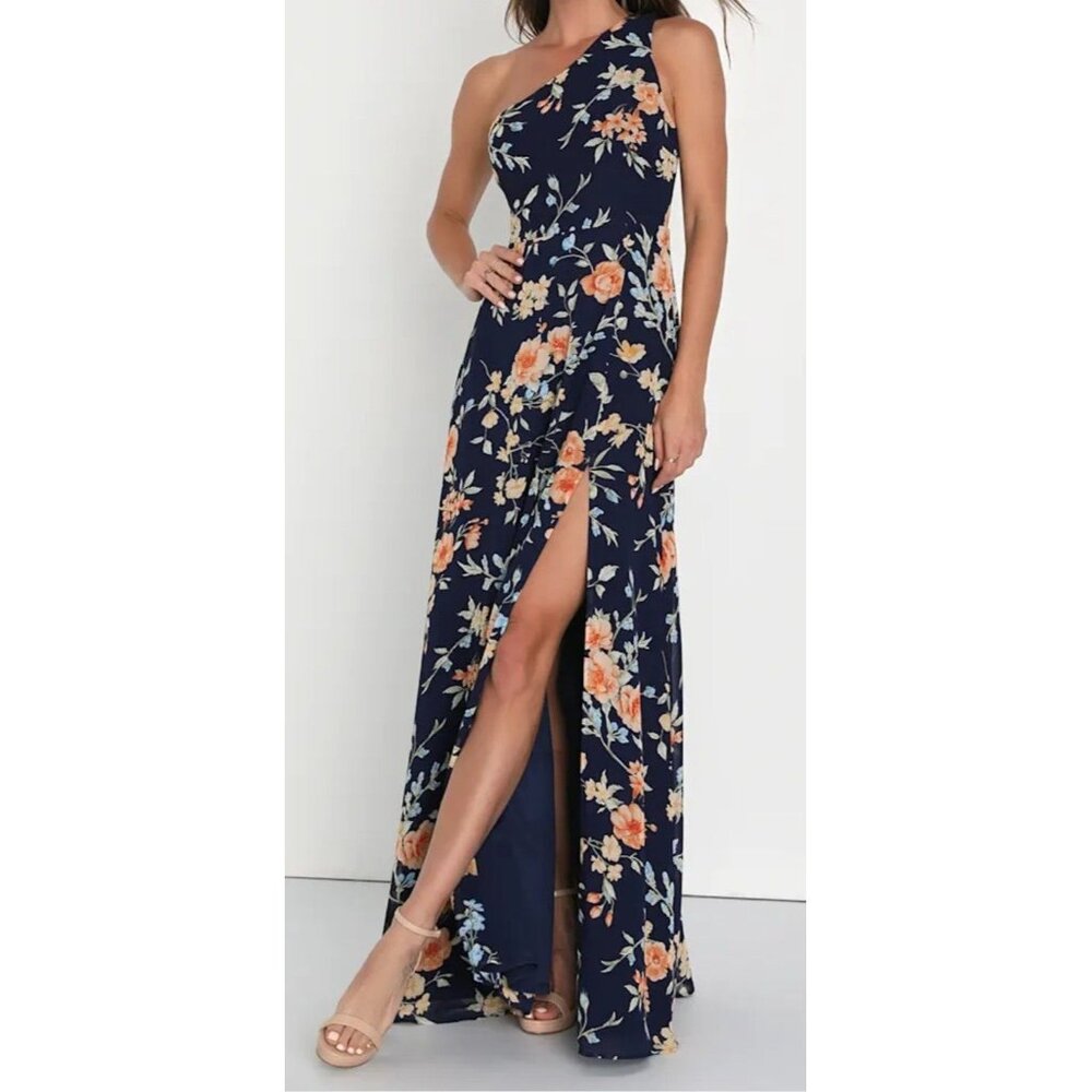 Lulus Elegant Admiration Navy Blue Floral One Shoulder Maxi Dress Medium - Picture 2 of 11